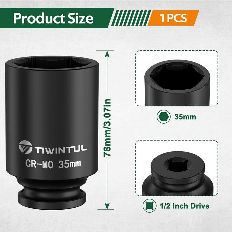 TIWINTUL مفتاح صدمة 35 مم 1/2 بوصة، مفتاح صدمة عميق من فولاذ CR-MO، بطول 3.07 بوصة، تصميم 6 نقاط، حجم متري، مفتاح صمولة المحور لإزالة سهلة لصواميل عمود المحور. - Image 2